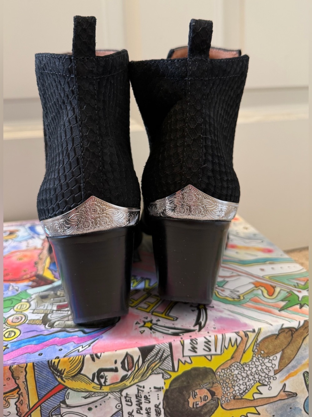 NWB Jeffrey Campbell Cromwell Snake Print Embossed Leather, Black/Silver, Size 8 - Picture 5 of 11